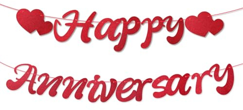 Tinoaly Happy Anniversary Banner, Vorgespannt Happy Anniversary Girlande Kein Basteln Erforderlich Party Dekorationszubehör für Hochzeit und Geburtstag (Rot)