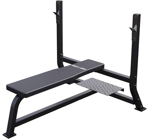 GORILLA SPORTS® Hantelbank mit Ablage, bis 250 kg, gummierte Füße, 110 cm | Mit integriertem Tritt für Trainingspartner und mehreren Griffoptionen; Trainingsbank, Flachbank, Fitnessbank fürs Home Gym