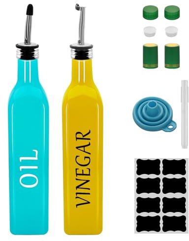 Olive Oil Dispenser Bottle,2 Pcs 17oz 500ml Glass O il and Vinegar Dispenser Set with 2 Stainless Steel Pourers, 8 Labels,Funnel Vinegar Bottles for Kitchen (Turquoise Oil & Yellow Vinegar)