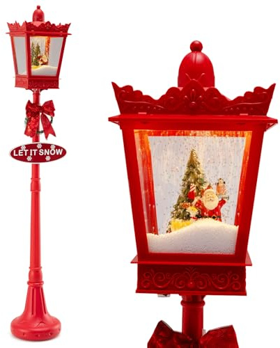 COSTWAY 185 cm Weihnachtslaterne, Straßenlampe mit warmweißen LED-Leuchten, Schnee, Weihnachtsmann, Musik, Weihnachts-Straßenlaterne, Weihnachtsdeko für Haus, Garten, Veranda
