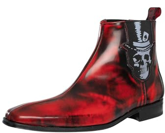 Jeffery West Uomo Stivali Chelsea In Pelle Lucida Con Teschio, Red, 43 EU