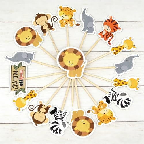24PCS Animal Cake Toppers, Safari Jungle Wild Animals Non-Edible Cupcake Toppers for Birthday Decorations (7 Designs + 1 CAUTION Sign)