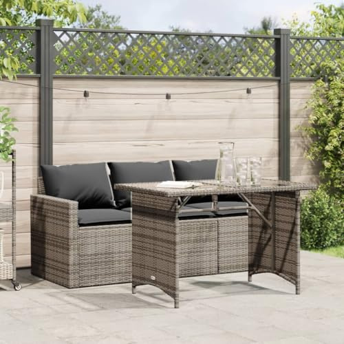 KKHOMEI Gartensofa 3 Sitzer mit Tisch Balkon Sofa Rattan Balkon Couch Lounge Sofa Outdoor Sitzbank Balkonmöbel Balkon Lounge Klein Grau