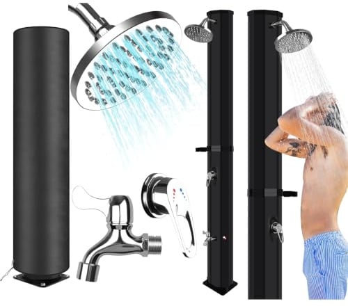 Doccia Solare da Giardino 60L con Copertura Antipolvere e Sacca, Doccia Solare da Esterno per Piscina e Patio, Soffione 360°, Miscelatore Caldo/Freddo, Rubinetto Lavapiedi, PVC Nero