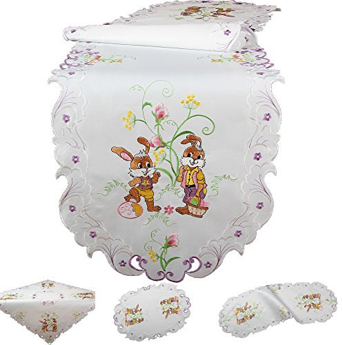 Quinnyshop Osterhasen Ostereier lila Blumen Stickerei Tischläufer 40 x 160 cm Polyester, Weiß