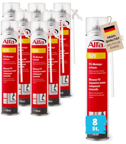 8x Alfa Adapterschaum 0,75 l – Montageschaum zum Abdichten & Isolieren (6l) | Profi-Qualität - Einkomponentiger Bauschaum inkl. Röhrchen zur Montage von Fenstern & Fugen – feuchtigkeitshärtend