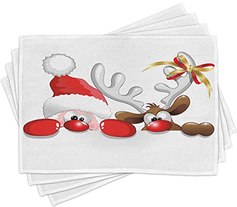 ABAKUHAUS Weihnachten Platzmatten, Lustiges Weihnachten Weihnachtsmann und Ren, die Karikatur-Art-Spaß spähen, Tiscjdeco aus Farbfesten Stoff für das Esszimmer und Küch, Zinnoberrot Karamell Weiß
