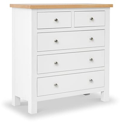 RoselandFurniture Farro White 2 Over 3 Chest of Drawers for Bedroom | Fully Assembled, Painted Wooden Storage Dresser with Oak Top, Contemporary Style, H90cm W85cm D36cm
