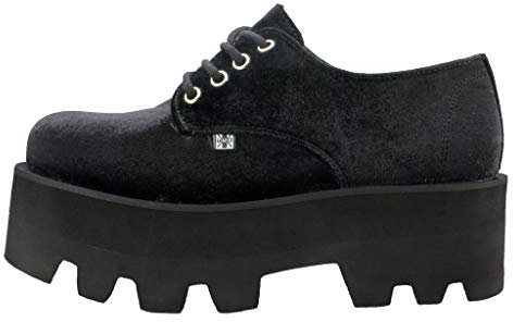 T.U.K. Women's Black Crushed Velvet Dino Lug Sole Platform Shoes 5 UK