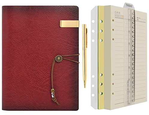 Wonderpool A5 Tagebuch Notizbuch Leder Ringbuch mit Stift,Nachfüllbarer Ordner Schreibpapier Spirale Notizblöcken Vintage Einband für Büro Plan Reisen Persönlicher Organizer (a-Weinrot,A5)