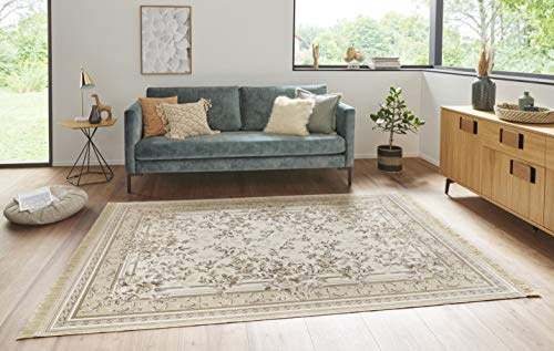 Nouristan Naveh Orient Teppich – Wohnzimmerteppich Orientalisch Kurzflor mit Fransen Vintage Orientalischer Samt-Teppich für Esszimmer, Wohnzimmer, Schlafzimmer – Creme Beige, 135x195cm