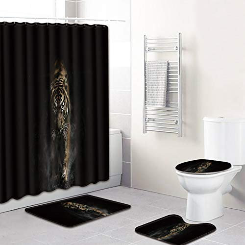 BOYOUTH Duschvorhänge-Set mit Tigermuster, Digitaldruck, mit Badematte, Konturteppich, WC-Deckelbezug für Badezimmer-Dekoration, 4 Stück