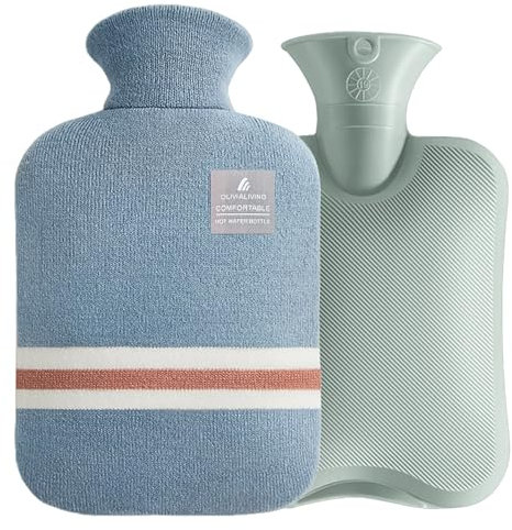 OliviaLiving Wärmflasche mit klassisch gestreiftem Bezug, 2L Wärmbeutel für Menstruationskrämpfe, Nacken- und Schulterschmerzlinderung, Wärme- und Kältetherapien, Handfußwärmer (Blau)