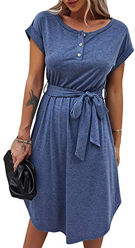 Bequemer Laden Sommer Damen Kleid Knopfleiste Kurzarm Locker Kleider Elegant Sommerkleid Strandkleid Freizeitkleid Midikleid Businesskleid mit Taille Krawatte, Blau, L