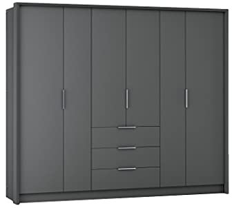 Furniture24 Kleiderschrank Bangkok 255 Schlafzimmer 6 Türiger Drehtürenschrank 3 Schubkästen Schrank 3 Kleiderstangen 5 Einlegeboden Graphite