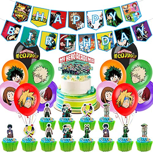 My Hero Academia Birthday Party Accessories, PAWT My Hero Academia Cake Theme Party Accessories, Including 1 Birthday Banner, 1 Cake Decoration, 12 Cupcake Toppers, 12 Latex Balloons
