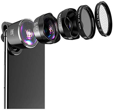XIXIDIAN Phone Camera Lens Kit, 5-in-1 Lens, 0.6X Wide Angle + 15X Macro + Fisheye + Polarizer + Star Mirror,Clip on Cell Phone Lens Kits Compatible with Most Phones,Most Smartphones