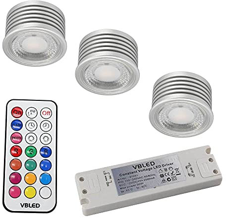 VBLED 3er SET - 7W RGB+W LED Leuchtmittel / 12V AC/DC / MR16/GU5.3 / Dimmbar inkl. IR Fernbedienung…