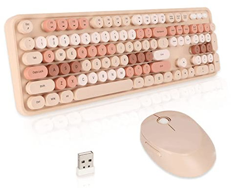 Combo Clavier et Souris sans Fil Coloré, Touches Rondes Polychromes 104 Touches, Claviers PC Rétro, Clavier et Souris Muets Ergonomiques USB 2,4 G, Longue Durée de(Couleur de thé au Lait sucré)