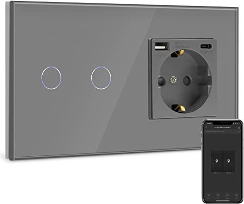 BSEED Enchufe Normal con Interruptor de luz WiFi Gris,Compatible con Alexa y Google Home,Control de APP,2 Gang WiFi Interruptor,Gris Enchufe con 1 Puerto Tipo C y 1 Puerto USB(Neutral Requerido)