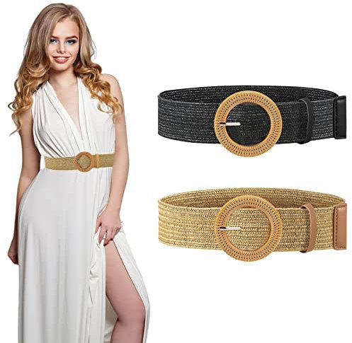 QESSUVNC 2 Stück Damen Gürtel Taillengürtel Damen Breit Flechtgürtel Stretch-Taillengürtel Boho Strohgürtel Elastischer Geflochtene Gürtel Stretchgürtel für Kleider Hemden (Khaki+Schwarz, 100cm)