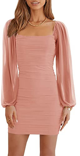 Wenrine Robe moulante en maille à manches longues et col carré pour femme - Coupe ajustée - Pour fête, cocktail, club, Rose orange., S