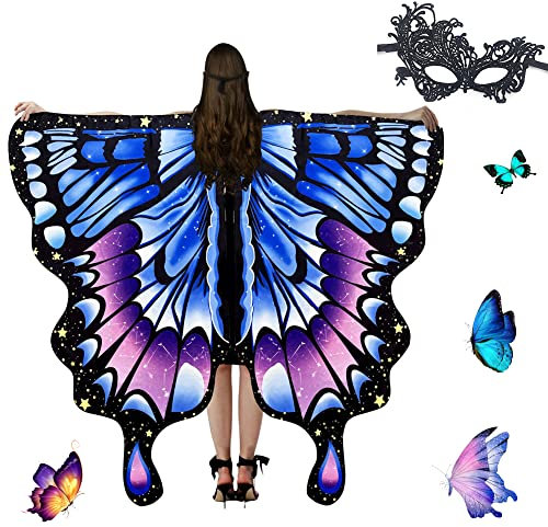 Umllpet Damen Schmetterling Kostüm Umhang, Schmetterlingsflügel Karnevalskostüme mit Gesichtsbedeckungen, Schmetterling Flügel Kostüm Schal Poncho für Fasching Party Cosplay Karneval - Blaues Pulver