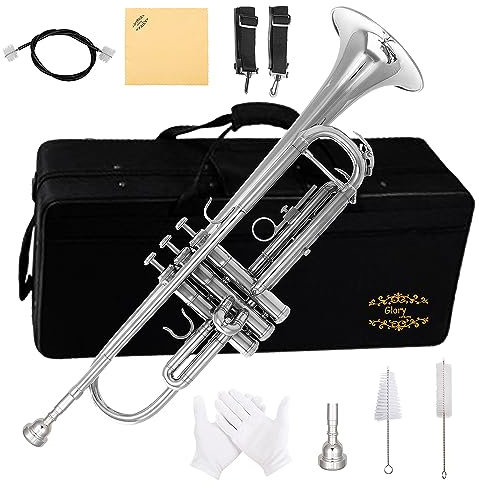Glory Bb Trompete - Trompeten für Anfänger oder Fortgeschrittene mit Etui, Paar Handschuhe, Nickel