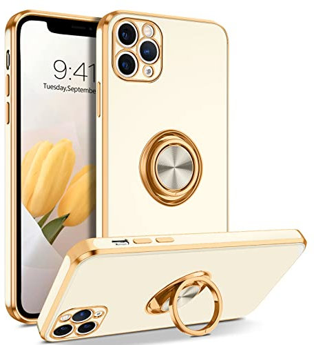 GUAGUA iPhone 11 Pro Max Case with 360° Ring Holder Slim Shockproof Kickstand Support Magnetic Car Mount Women Men Non-Slip Protective Phone Cover for iPhone 11 Pro Max 6.5 inch, White/Gold
