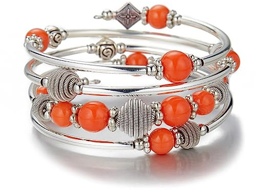 Bulinlin Silber Wickelarmband mit Naturstein Perlen Boho Mehrschichtiges Damen Armbänder Geburtstags Modegeschenk für Frauen (Orange)