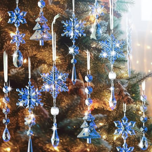 Lanpn 26 Pezzi Natale Decorazione Cristallo Decorazioni Albero di Natale, Acrilico Fiocco di Neve Ghiacciolo Con Fili da Appendere Pendenti Ornamenti, Natalizia Inverno Festa Ciondoli Addobbi Blu