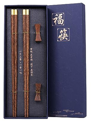 Essstäbchen, 2 Paar Holz Essstäbchen Wiederverwendbare Chinesische Stäbchen ,Sushi Stäbchen Set Chopsticks Aus Wengeholz,Mit 2 Essstäbchenablage, Essstäbchen Geschenkset (Blaue Geschenkbox)