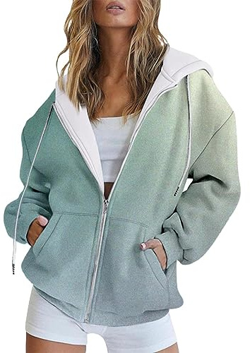 Yowablo Sweat-shirt à capuche imprimé dégradé pour femme, manches longues, poche, fermeture éclair, veste de sport, ample, printemps, automne et hiver Gilet Hiver Polaire (AG, L)