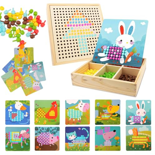 Yuragim Mosaik Steckspiel Spiele ab 2 3 4 5 Jahre, Holz Steckspiel Montessori Spielzeug mit 240 Steckperlen 10 Karten Kreatives Pädagogisches Lernspielzeug Geschenk für Kinder Mädchen Jungen (B)