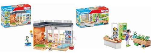 PLAYMOBIL City Life 71328 Anbau Turnhalle, Turnhallen Anbau mit Basketballkorb & City Life 71333 Schulkiosk, Verkaufsstand befüllbarem Flaschenautomaten, Spielzeug für Kinder ab 4 Jahren