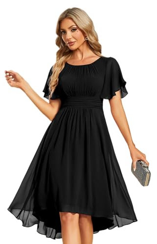 Ever-Pretty Women's Chiffon Bridesmaids Dresses Crew Neck Pleated Waist Short Sleeve Wedding Guest Dress Black 14UK