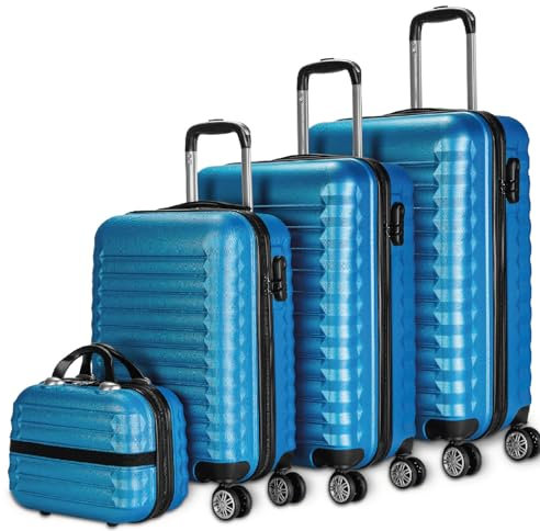 NUMADA - Gepäck-Set und Kulturbeutel 4 Stück Blau, groß 75cm, mittel 63cm, klein 53cm, ABS, starr, widerstandsfähig, 4 Doppelräder, leicht, seitliches Kombinationsschloss