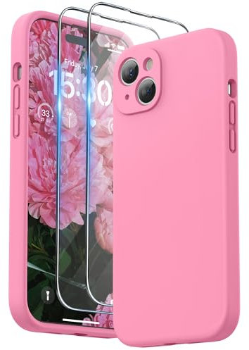 SURPHY Cover con 2*Vetro Temperato e Cordino per iPhone 15 plus (6,7), Silicone Custodia per iphone 15 plus, Protezione Fotocamera, Compatibile con 15 plus Case Protezione Completa, Rosa