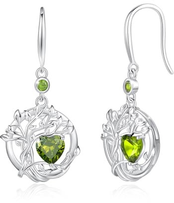 FANCIME Tree of Life Peridot Earrings, 925 Sterling Silver August Birthstone Earring Fine Jewellery Birthday Gifts for Girls Women