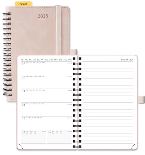 POPRUN Taschenkalender 2025 Klein Ringbuch mit Softcover, ca. A6 (16 x 10,5 cm) - Kalender 2025 Buchkalender Notizbuch (Jan.2025-Dez.2025) mit 100 GSM Papier - Zartrosa