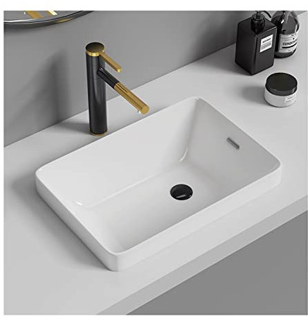 Lavabo de salle de bain, robinet de lavabo de salle de bain et bonde escamotable, rectangle au-dessus du comptoir, lavabo de salle de bain en céramique blanche en porcelaine blanche, lavabo de s
