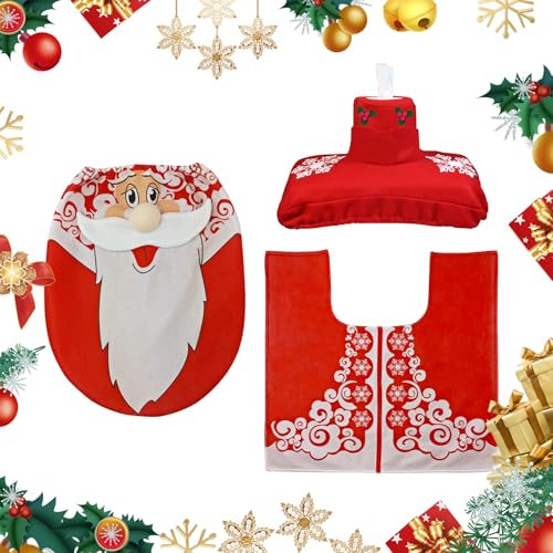 LUVDECO Set von 3 Weihnachten WC Cover Sets, Weihnachtstoilettenabdeckung WC Cover Weihnachtsdekoration, WC Sitzbezug und Teppich Set für Weihnachtsdekorationen Badezimmer