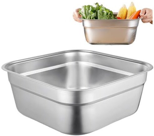 Dish Tub Stainless Steel Wash Tub 12'' Square Wash Basin Stable Flat Bottom Vegetable Washing Basket with Smooth Wide Edge Washing Up Bowl Multi-Purpose Dish Pan for Kitchen Dish Tub For Kitchen Sink