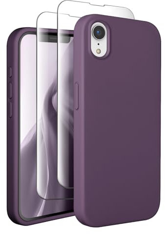 SUW for iPhone XR Case with 2 Screen Protectors[Full Camera Protection],Soft Anti-Scratch Microfiber Lining Inside,Silicone Shockproof Protective Phone Case for iPhone XR 6.1,Dark Purple