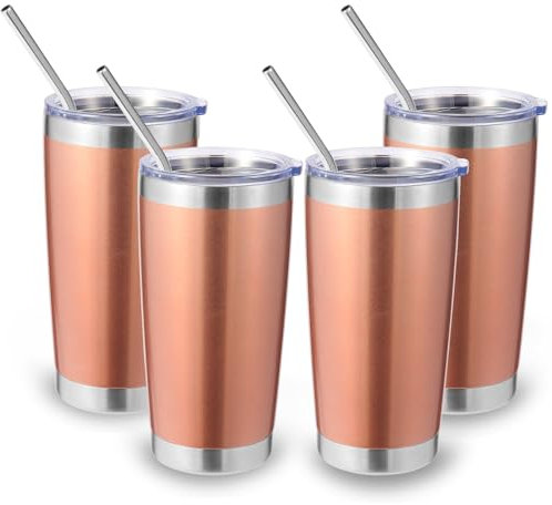 Volhoply 20oz 550ml Travel Insulated Tumbler with Lid and Straw Bulk 4 Pack, Double Wall Stainless Steel Coffee Mug Fits Cup Holder,Powder Coated Cup for Hot & Cold Drinks, BPA Free(Rose Gold,4 Set)
