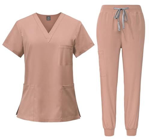 Scrubs Uniforms Women Set, Female Medical Uniforms & Scrubs Durable Short Sleeve V Neck Tunic Top and Pants with Pockets, Nursing Workwear Suits for Beauty Center(A06 Pink,M)