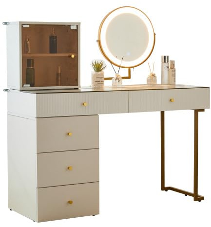 HAINEW Schminktisch mit Spiegel und 5 Schubladen, Modern Weiß Frisiertisch Kosmetiktisch Make-up Tisch mit Glas Tischplatte und Glas Schrank, Ohne Hocker, 120 x 45 x 115cm