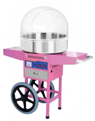 Professionelle Zuckerwattemaschine mit Wagen und Schutzblase – Behälter 52 cm, Heizung 0,9 kW – ideal für Veranstaltungen und Partys