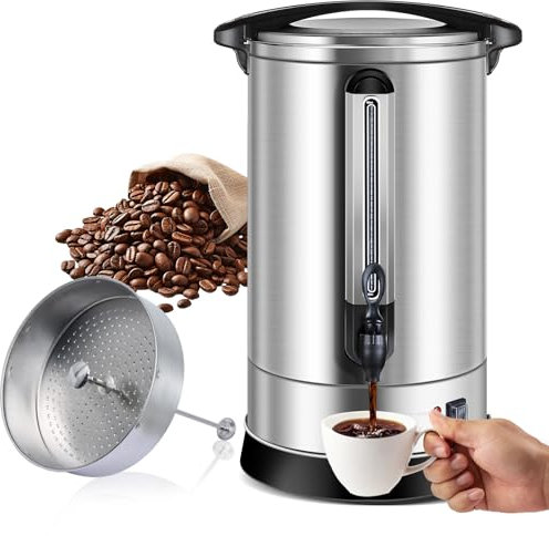 Homtone percolateur à café professionnel avec Filtre Rond 120 Tasses / 18L, Machine à percolateur Inox à Double Paroi avec Robinet pour Fête, Distributeur d'Eau Chaude pour Café, Thé, 1500W (Argent)