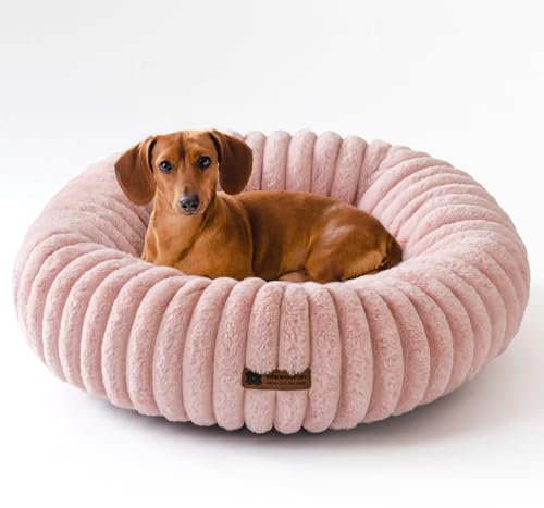 MEWOOFUN Hunde-Donut-Betten für kleine Hunde, beruhigendes Hundebett, rundes süßes Welpenbett mit Rutschfester Unterseite, Flauschiges (Rosa, 64x64x18cm)